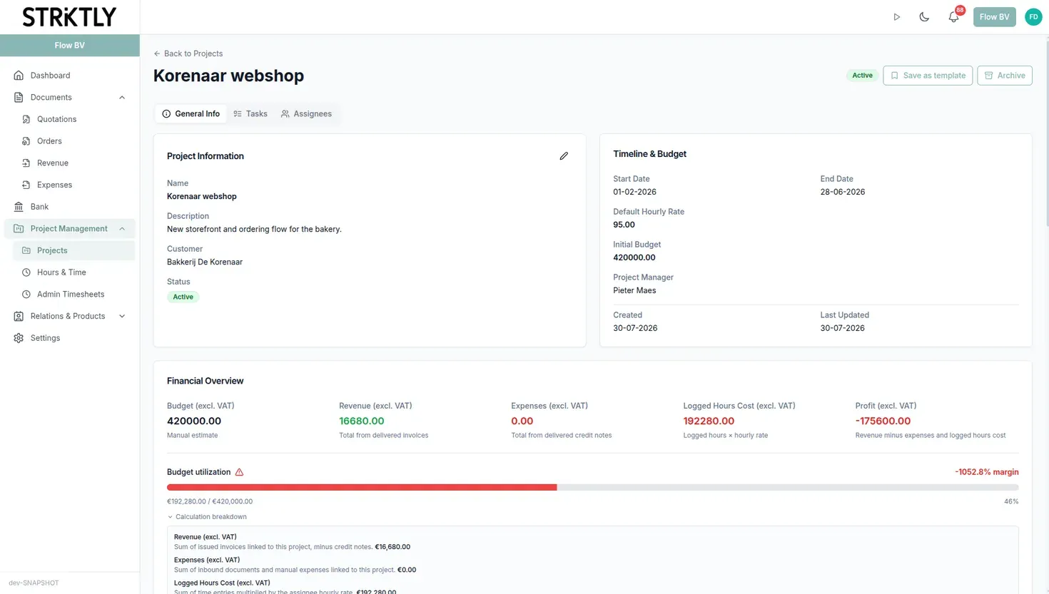 A project with tasks and hours in Flow